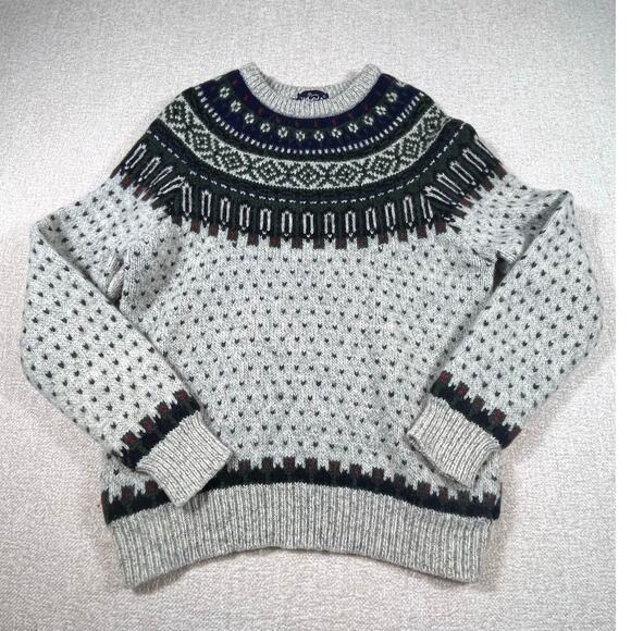 Vintage Woolrich Men’s L Gray Blue Striped Nordic Fair Isle High Neck Pullover - Picture 1 of 8